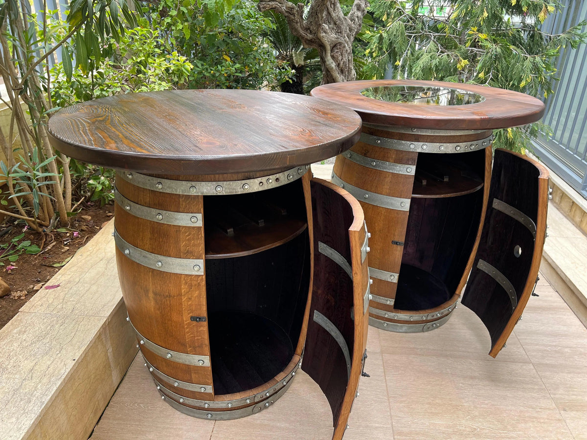 Whiskey &amp; Wine Barrel Double Liquor Cabinet – Door Storage Shelf, 0–8 Stools