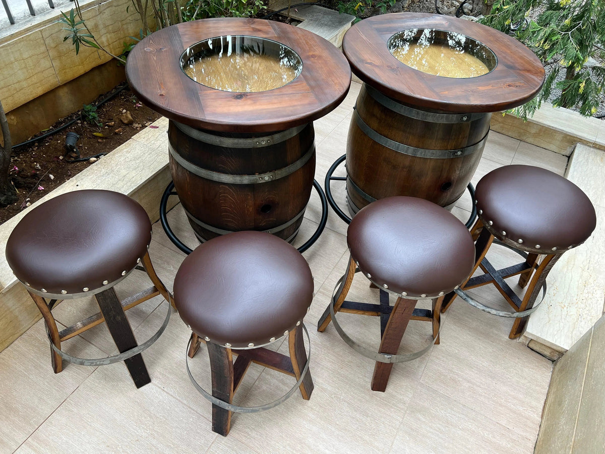 Whiskey &amp; Wine Barrel Double Bar Set – Wood or Glass Top with 0–8 Stools