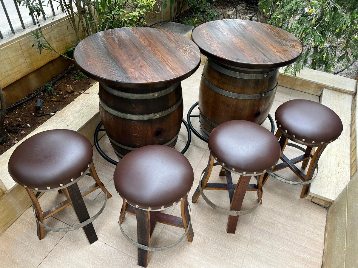 Whiskey &amp; Wine Barrel Double Bar Set – Wood or Glass Top with 0–8 Stools