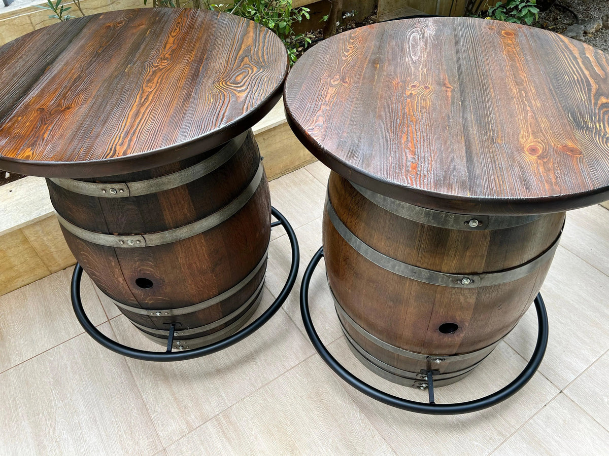 Whiskey &amp; Wine Barrel Double Bar Set – Wood or Glass Top with 0–8 Stools
