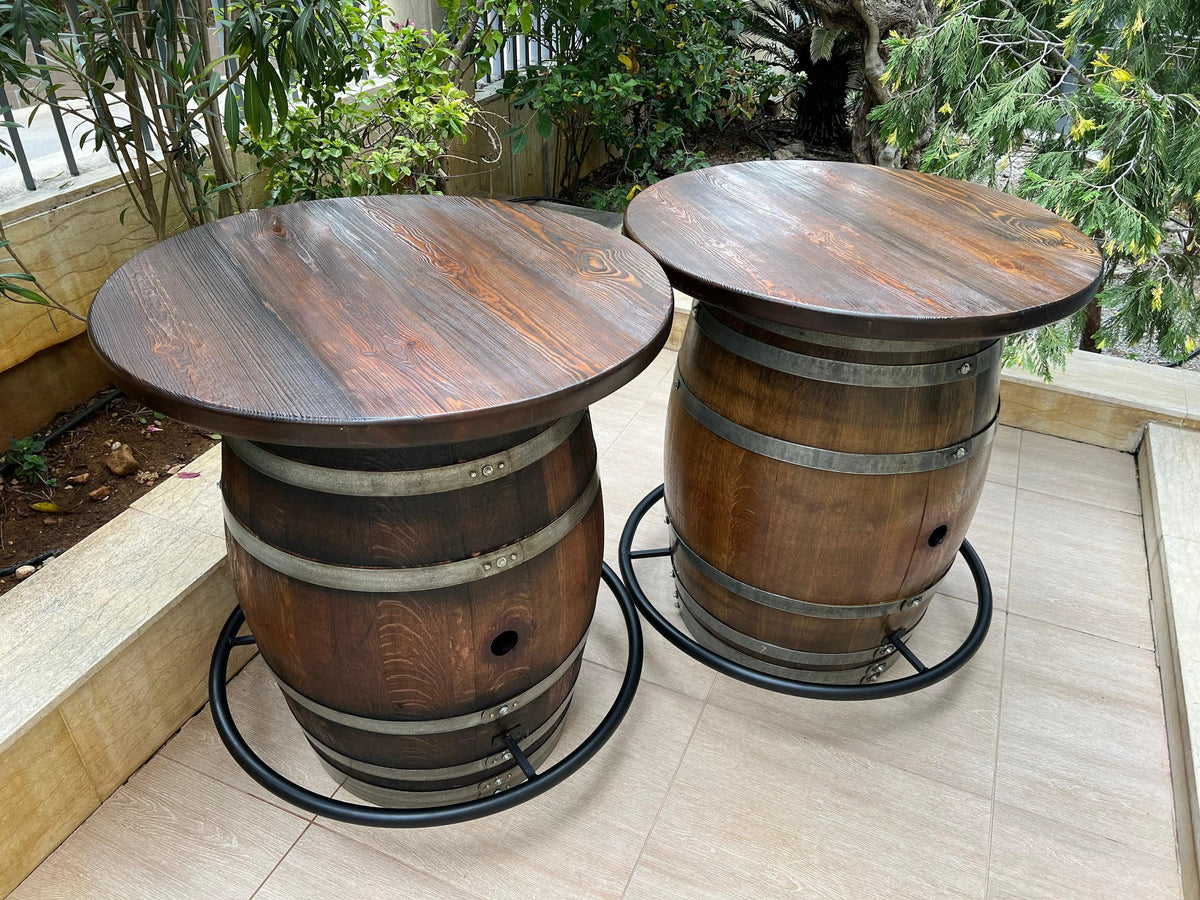 Whiskey &amp; Wine Barrel Double Bar Set – Wood or Glass Top with 0–8 Stools