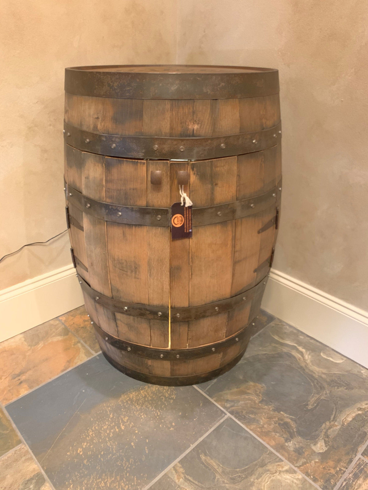 Bourbon Barrel Cabinet with Multicolor LEDs – Custom Engraved Whiskey Barrel Bar Cabinet
