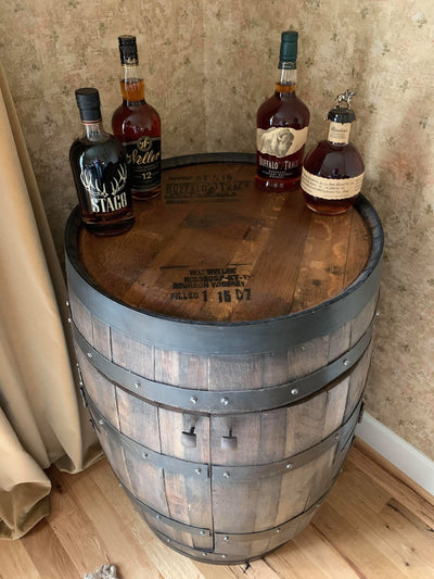 Bourbon Barrel Cabinet – Real Buffalo Trace Barrel with LED Lighting &amp; Double Lazy Susan Shelves