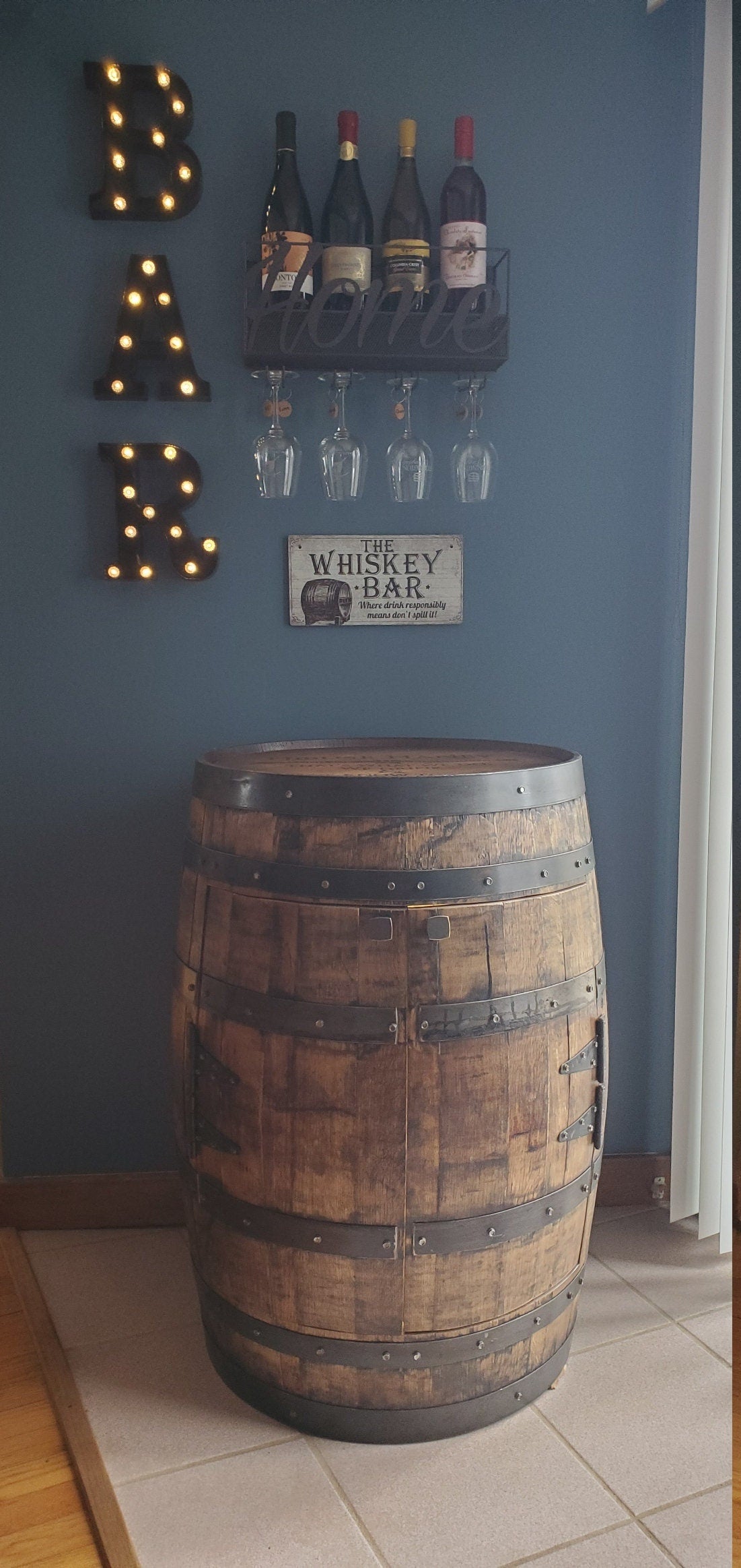Bourbon Barrel Cabinet – Real Buffalo Trace Barrel with LED Lighting &amp; Double Lazy Susan Shelves