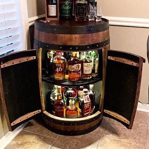 Bourbon Barrel Cabinet – Real Buffalo Trace Barrel with LED Lighting &amp; Double Lazy Susan Shelves