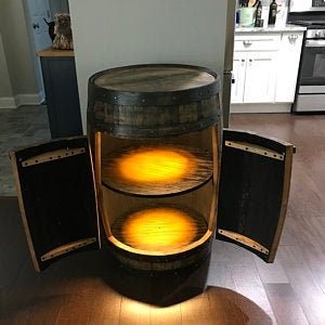 Bourbon Barrel Cabinet – Real Buffalo Trace Barrel with LED Lighting &amp; Double Lazy Susan Shelves