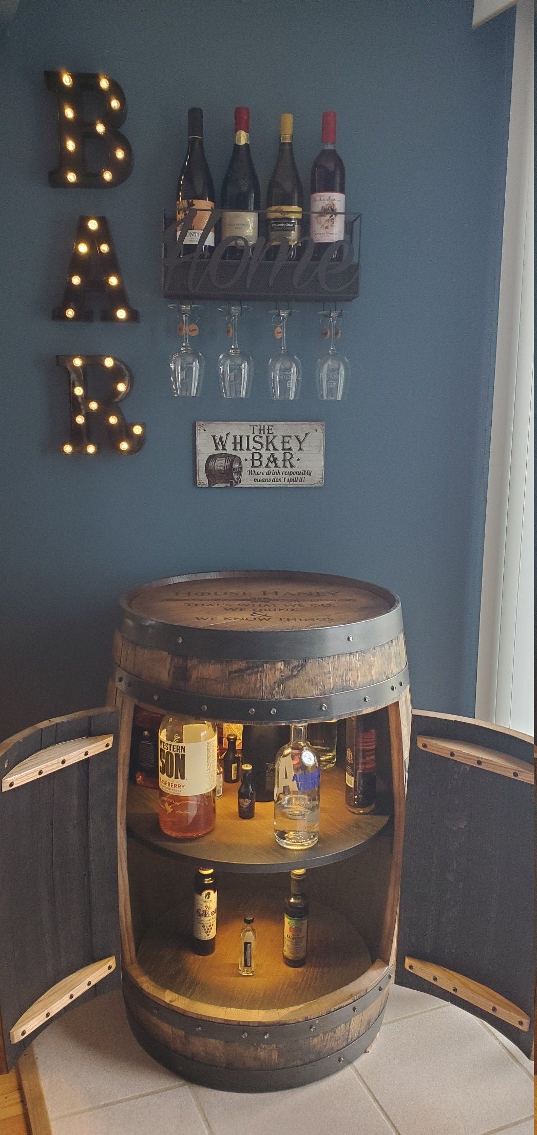 Bourbon Barrel Cabinet – Real Buffalo Trace Barrel with LED Lighting &amp; Double Lazy Susan Shelves