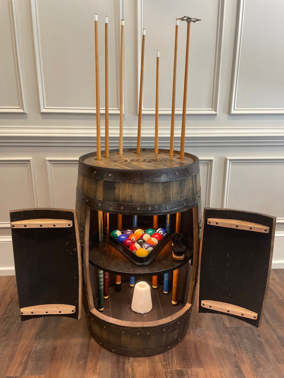 Whiskey Barrel Pool/Billiards Cabinet – Custom Pool Cue &amp; Equipment Storage