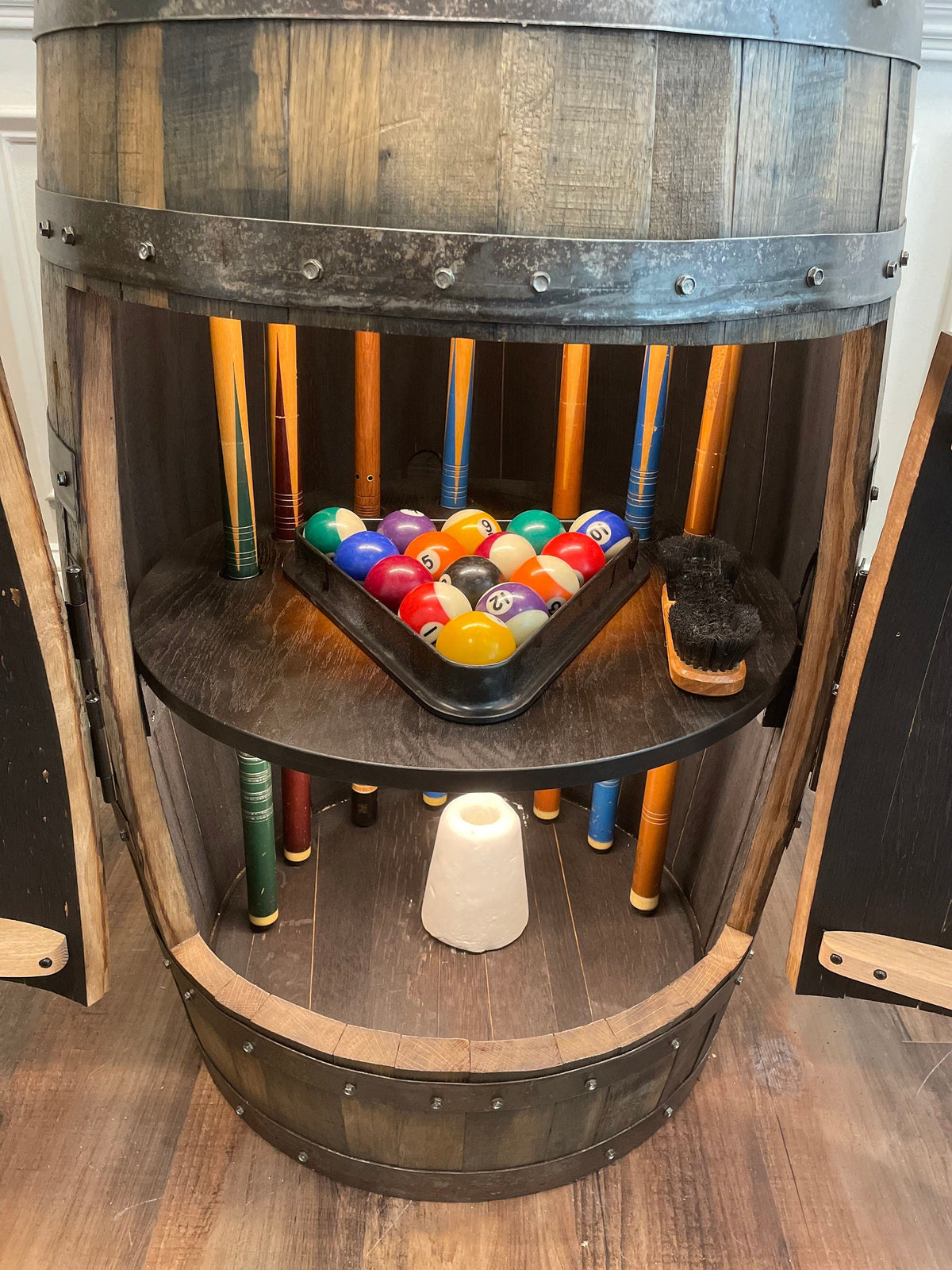 Whiskey Barrel Pool/Billiards Cabinet – Custom Pool Cue &amp; Equipment Storage
