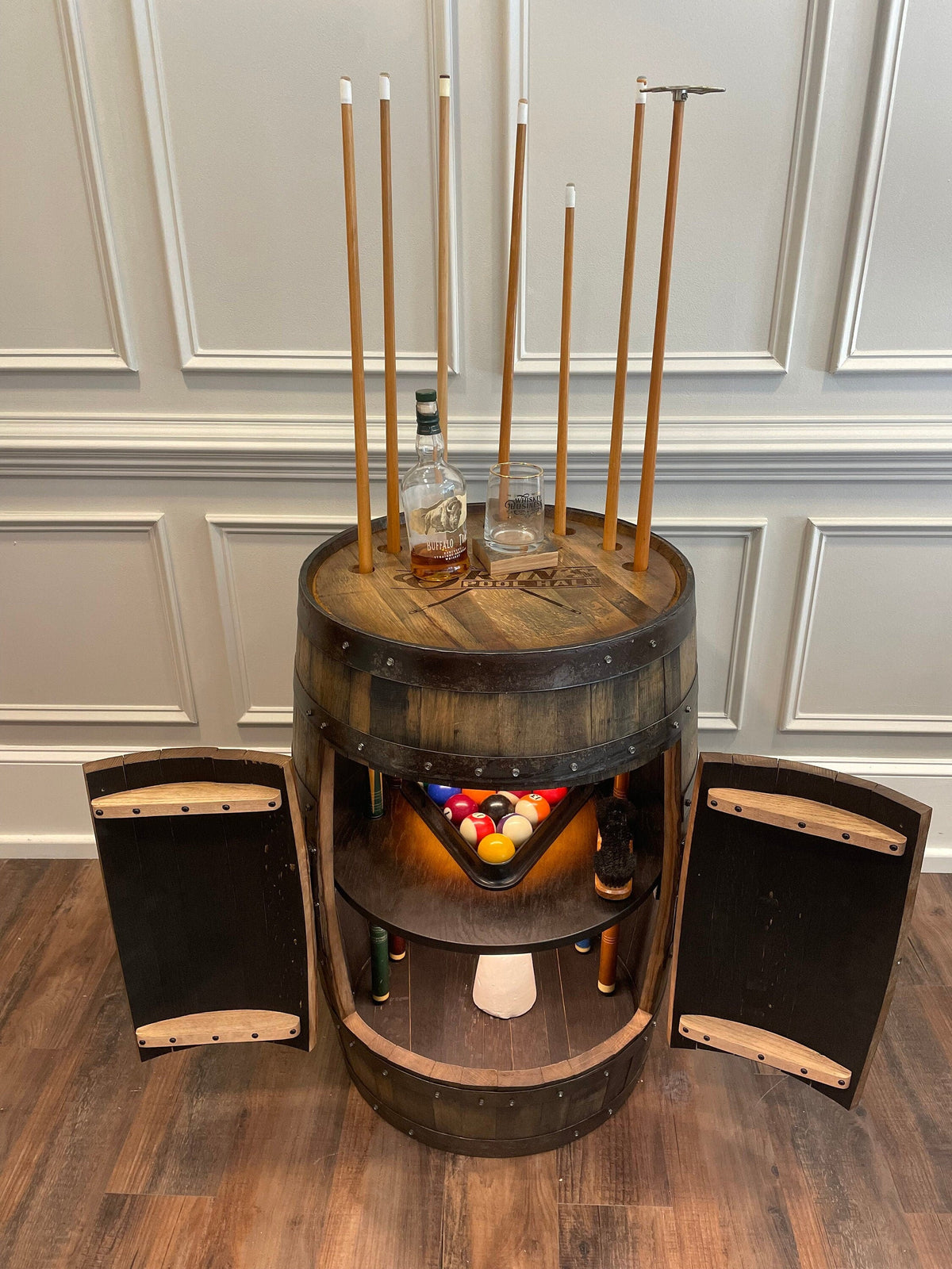 Whiskey Barrel Pool/Billiards Cabinet – Custom Pool Cue &amp; Equipment Storage
