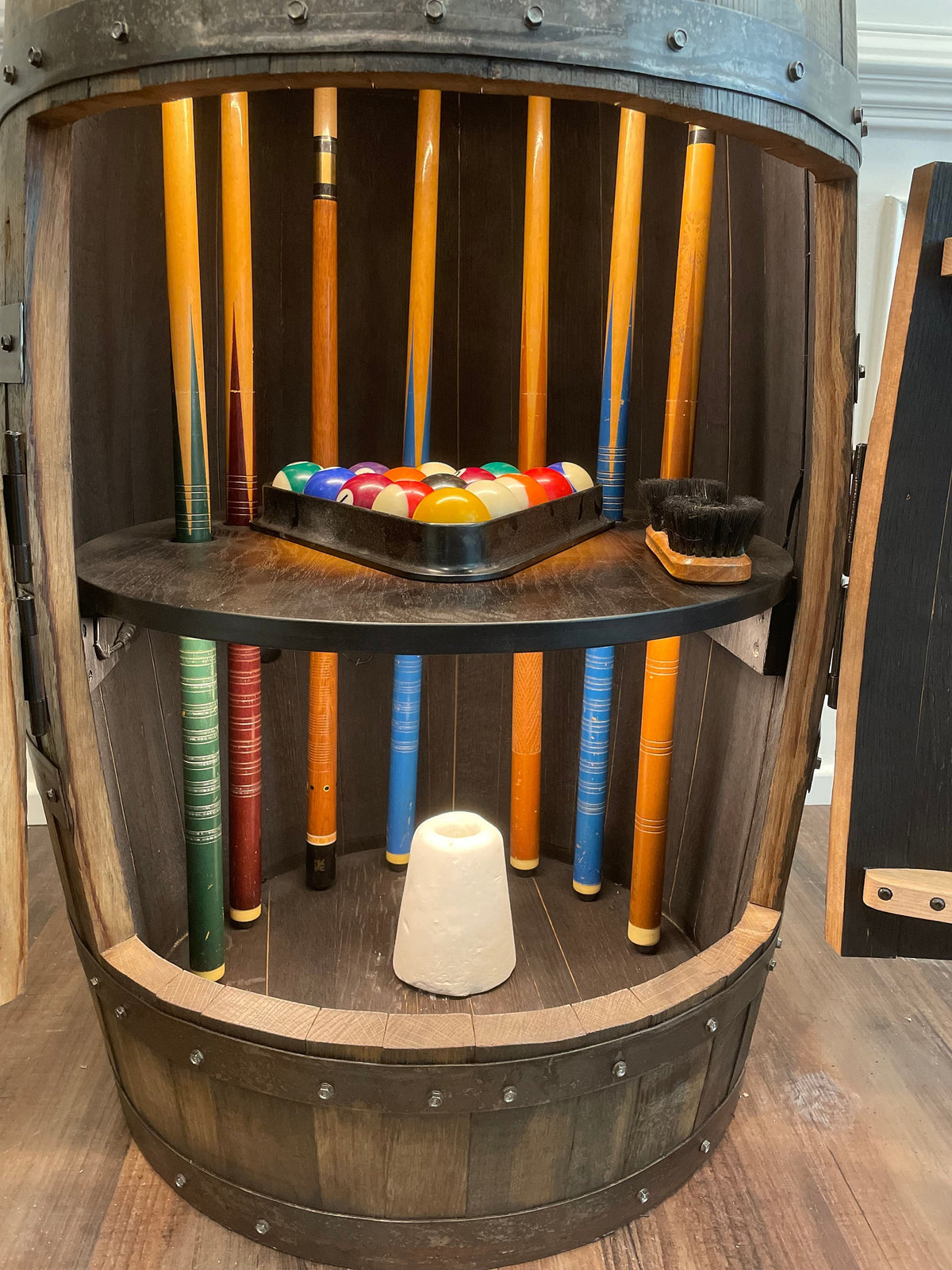 Whiskey Barrel Pool/Billiards Cabinet – Custom Pool Cue &amp; Equipment Storage