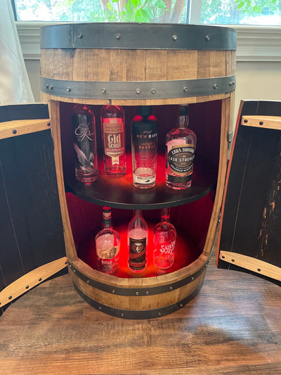 Bourbon Barrel Cabinet with Multicolor LEDs – Custom Engraved Whiskey Barrel Bar Cabinet