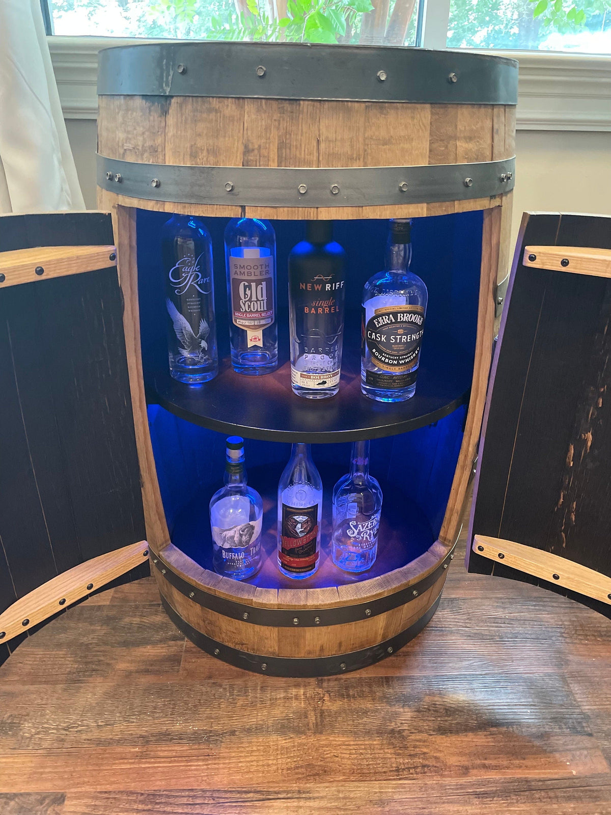 Bourbon Barrel Cabinet with Multicolor LEDs – Custom Engraved Whiskey Barrel Bar Cabinet
