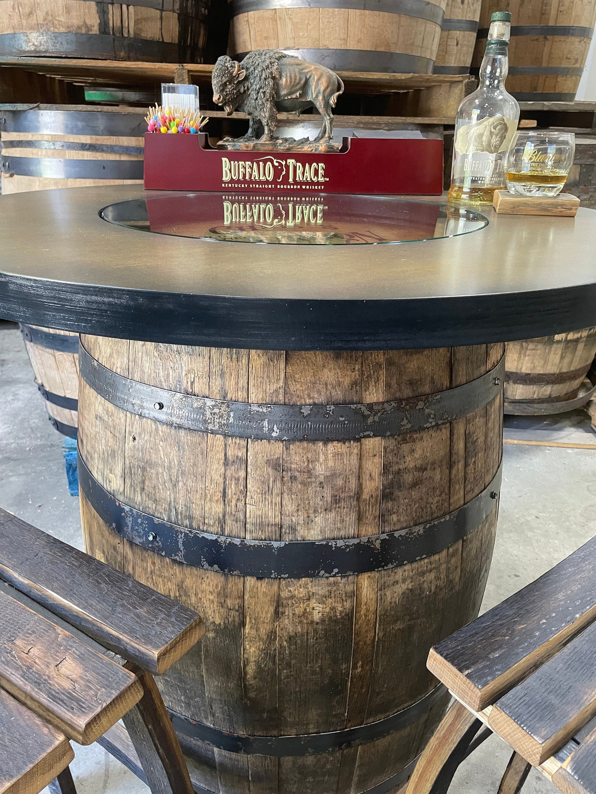 Custom Bourbon Barrel Bistro/Pub Table with Cabinet Base &amp; Glass Insert