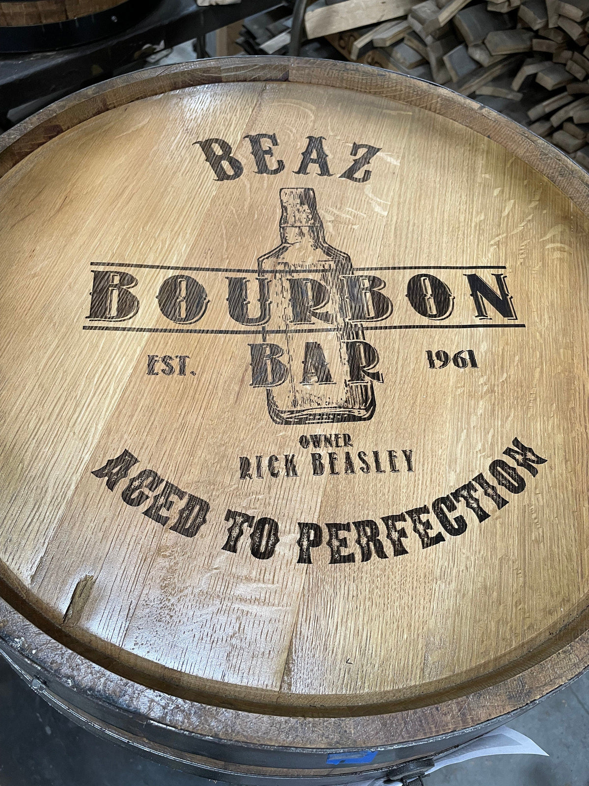 Custom Bourbon Barrel Bistro/Pub Table with Glass Insert – Personalized Engraving