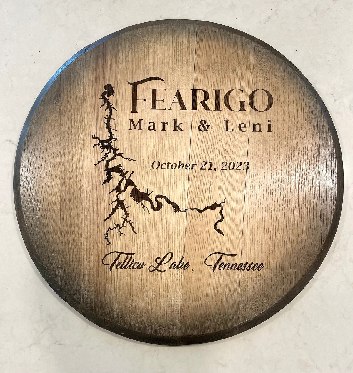 Custom Bourbon Barrel Bistro/Pub Table with Glass Insert – Personalized Engraving