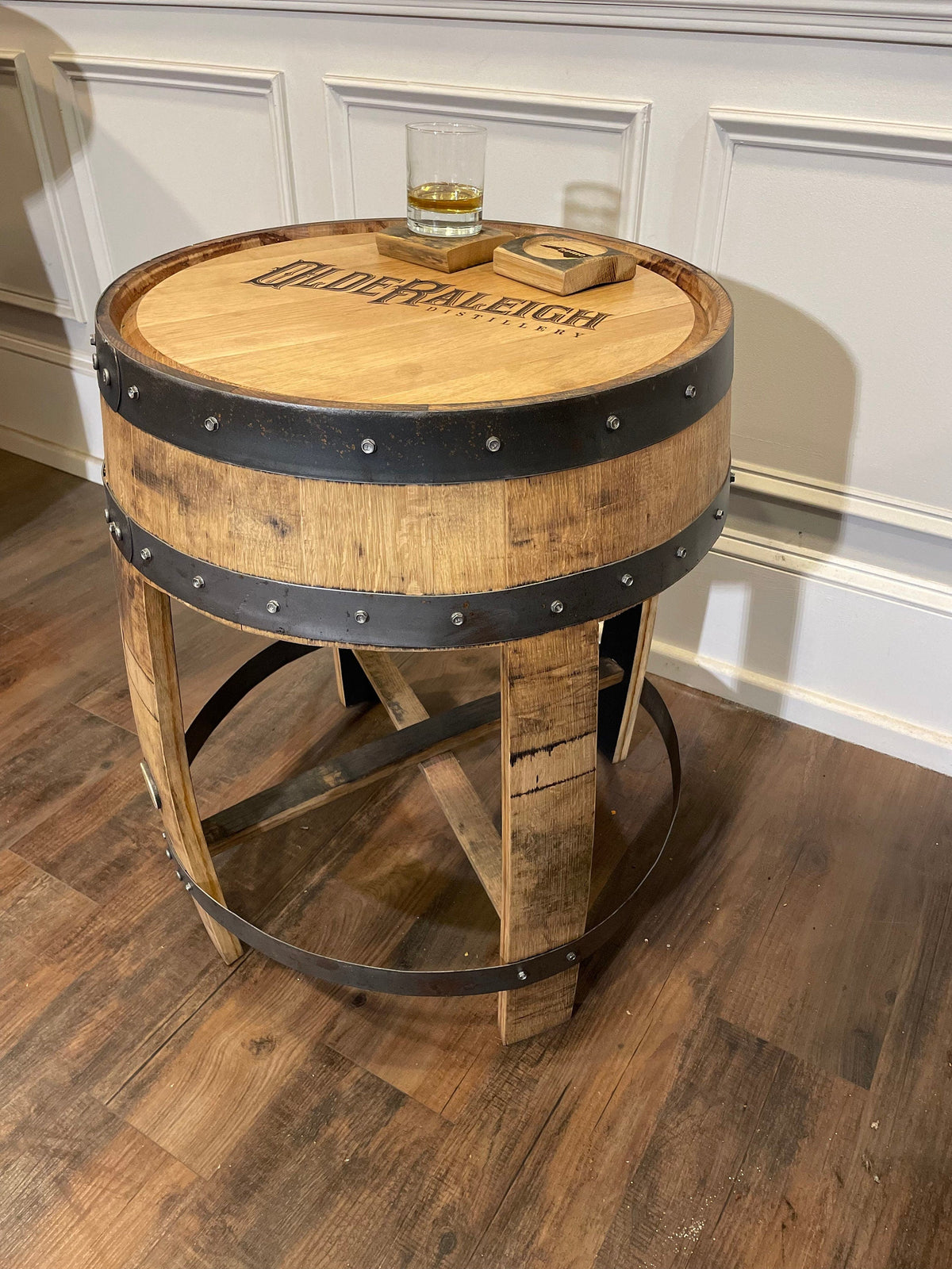 Whiskey Barrel End Table – Custom Engraved Bourbon Barrel Furniture
