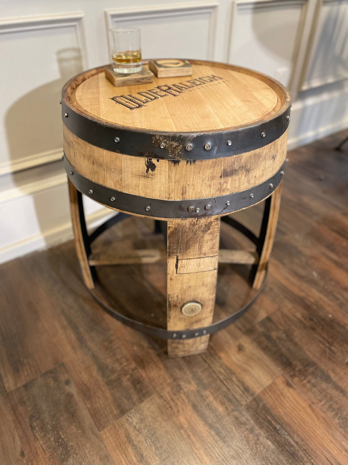 Whiskey Barrel End Table – Custom Engraved Bourbon Barrel Furniture