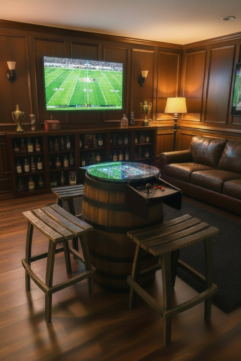 Bourbon Barrel Arcade Table – 60 Retro 8-Bit Games