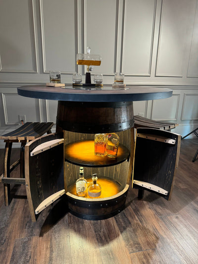 Custom Bourbon Barrel Bistro/Pub Table with Cabinet Base &amp; Glass Insert