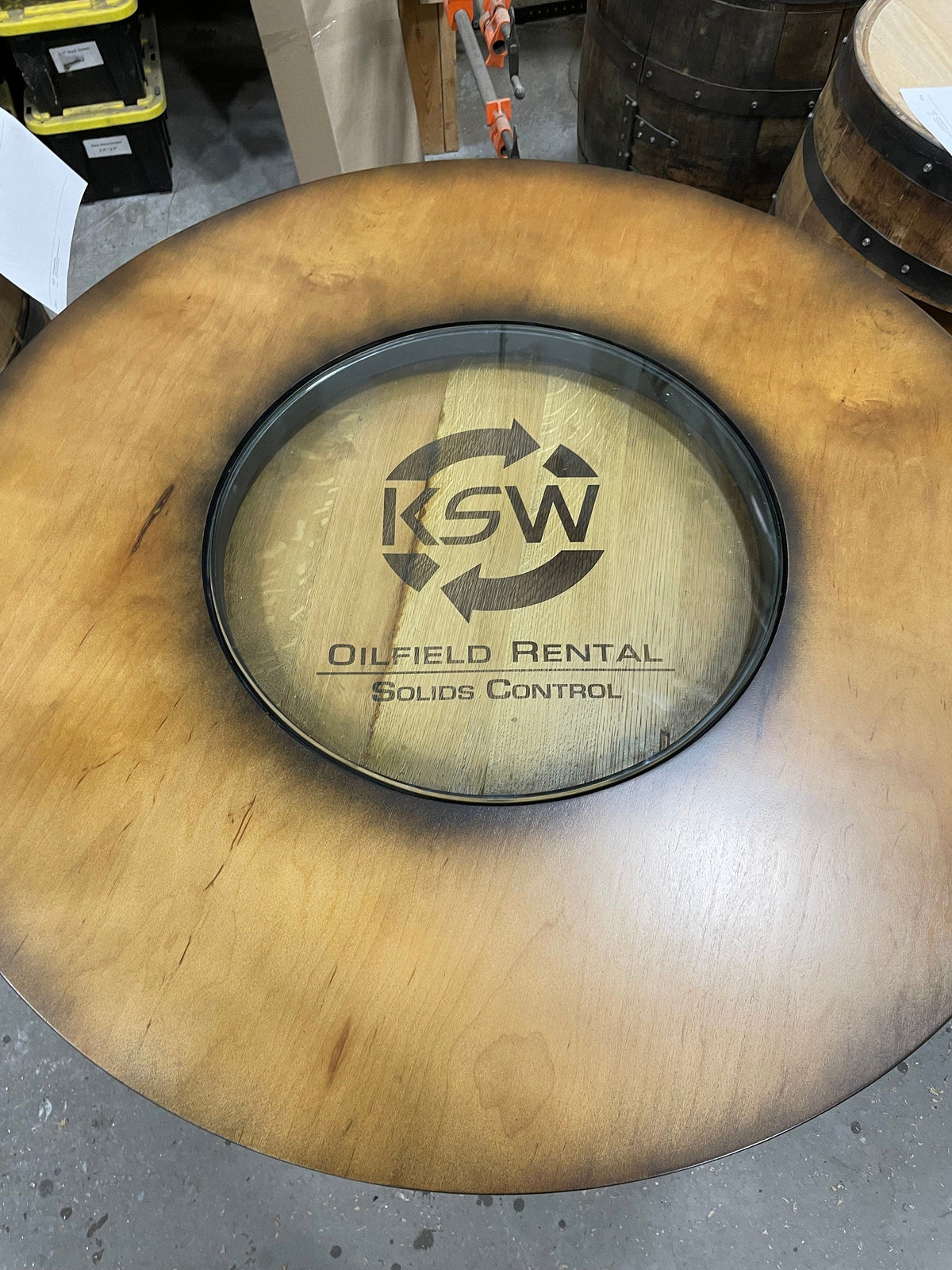 Custom Bourbon Barrel Bistro/Pub Table with Cabinet Base &amp; Glass Insert