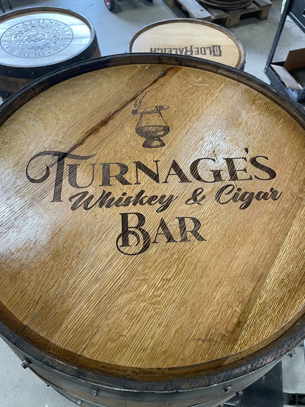 Custom Bourbon Barrel Bistro/Pub Table with Cabinet Base &amp; Glass Insert