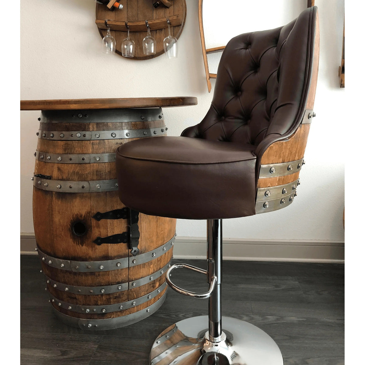 Whiskey &amp; Wine Barrel Bar Set – Liquor Cabinet, Pub Table &amp; Luxury Bar Stools