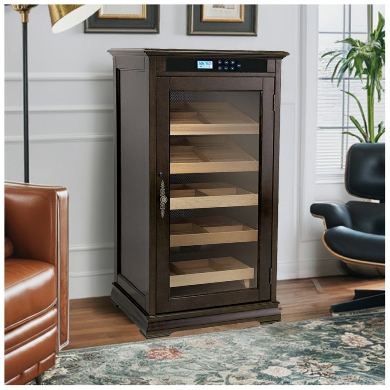 Redford Espresso Cigar Humidor – 1,250 Count Electric Climate-Controlled Cabinet