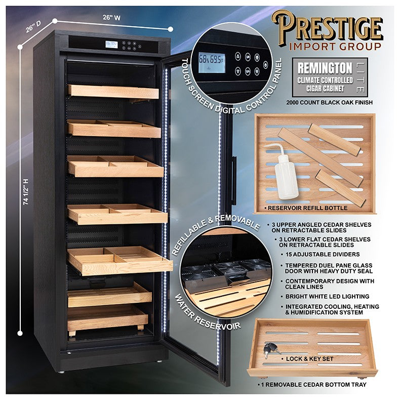 Remington Lite Cigar Cabinet Humidor – 2,000 Count Electric Climate-Controlled Cabinet