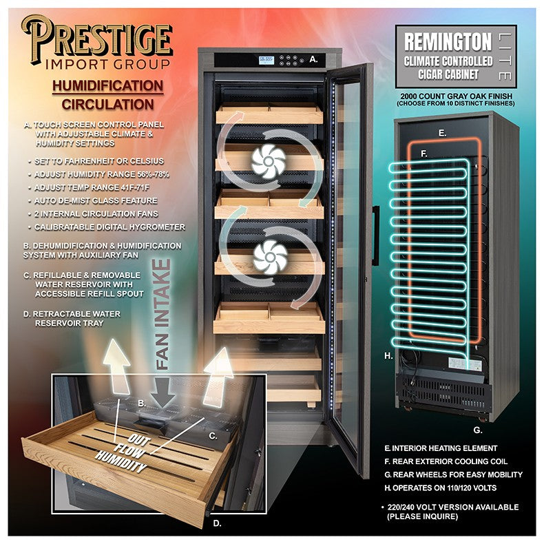 Remington Lite Custom Finish Cigar Humidor – 2,000 Count Electric Climate-Controlled Cabinet
