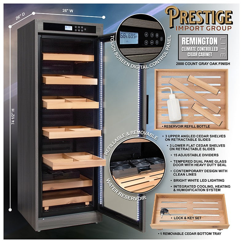 Remington Lite Custom Finish Cigar Humidor – 2,000 Count Electric Climate-Controlled Cabinet