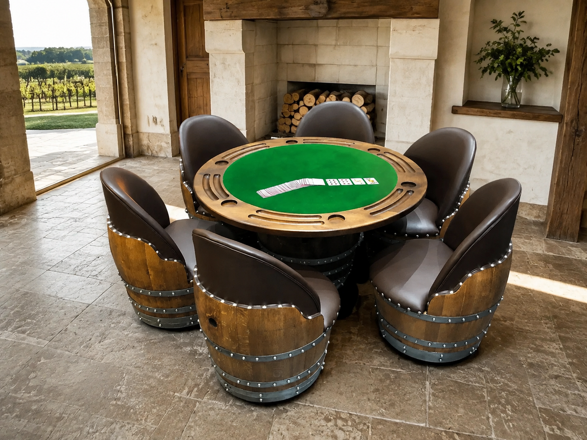 Whiskey &amp; Wine Barrel Game Table Set – 6 Chairs with Poker &amp; Dining Top