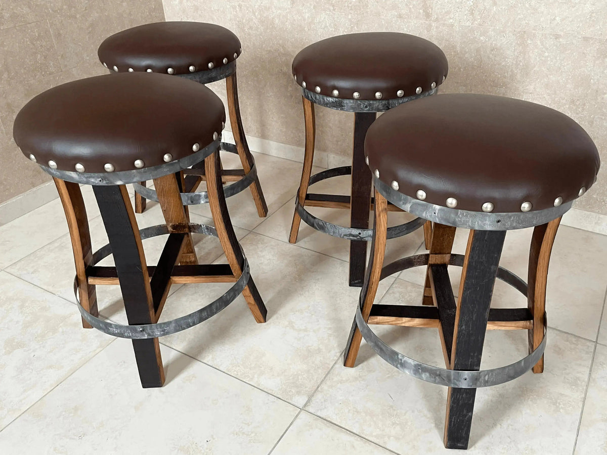 Whiskey &amp; Wine Barrel Bistro Pub Set – 4 Stools, Glass Top &amp; Foot Rail