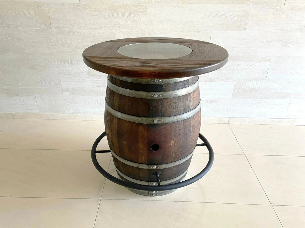 Whiskey &amp; Wine Barrel Bistro Pub Set – 4 Stools, Glass Top &amp; Foot Rail